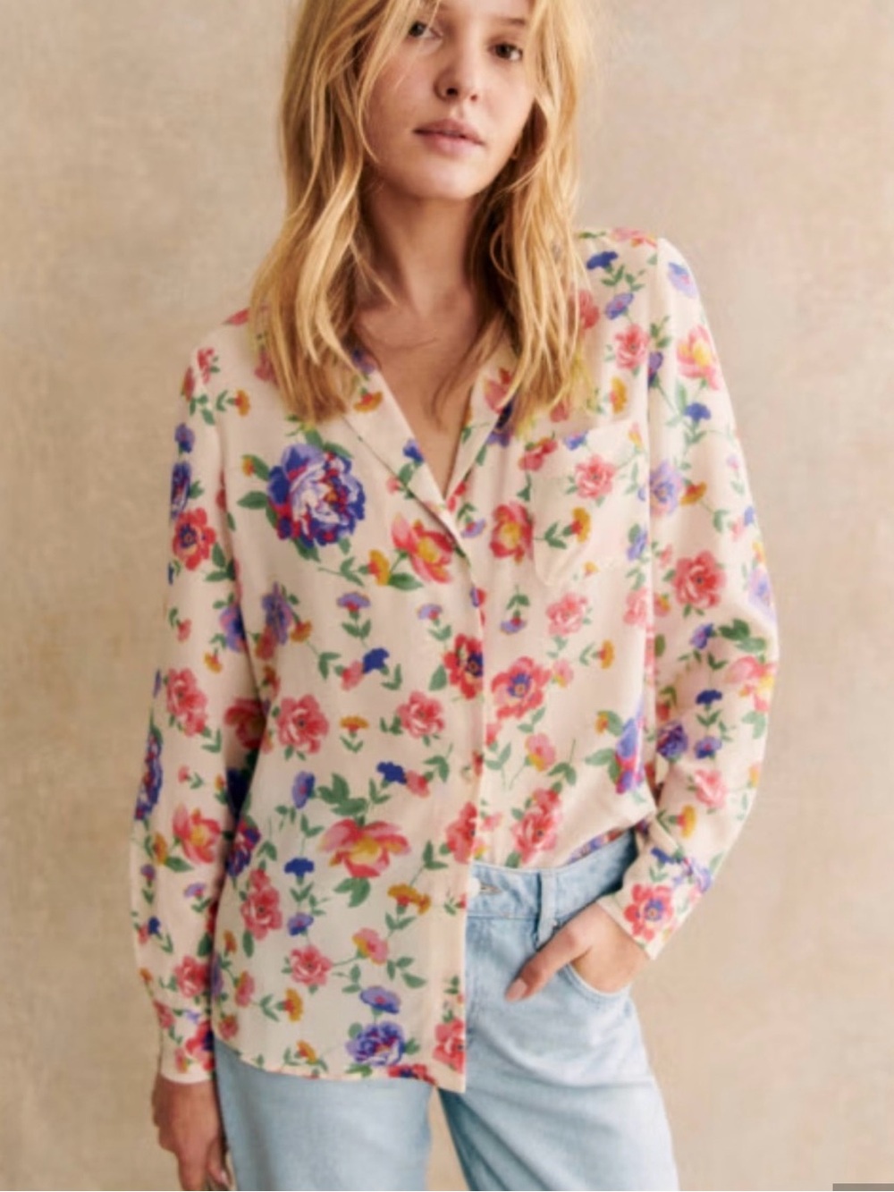 Sezane Florence Silk Floral Blouse - Pink Multicolor size 34 XS #12